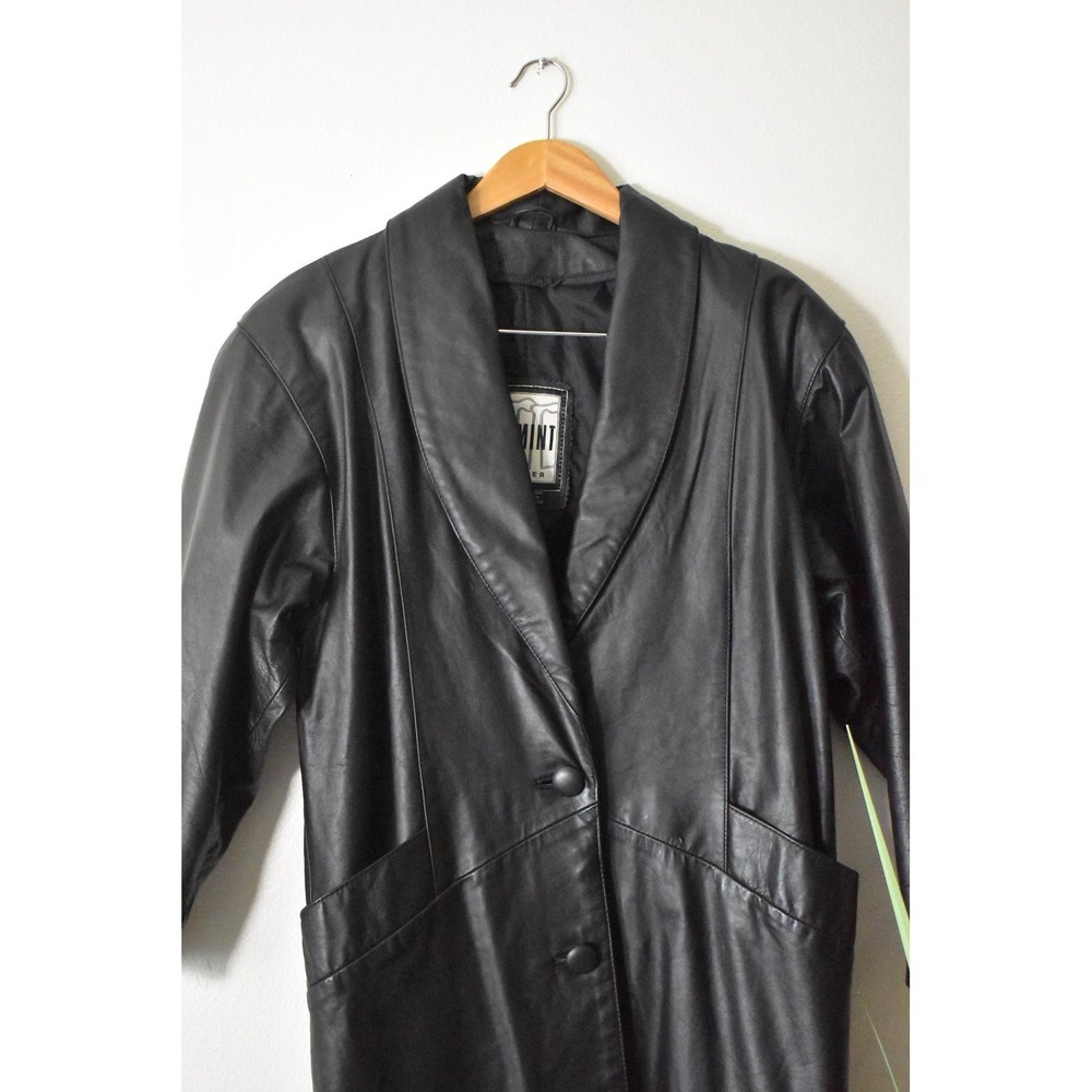 Comint Leather Trench Coat Womens Petite M Black 80s Shawl Collar Long Jacket - Picture 6 of 10